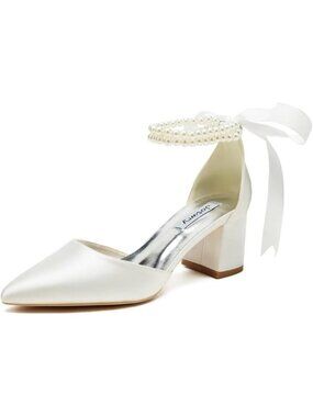 Women's Ivory Satin Bride Block Heel Pointed Toe Imported Wedding Shoes